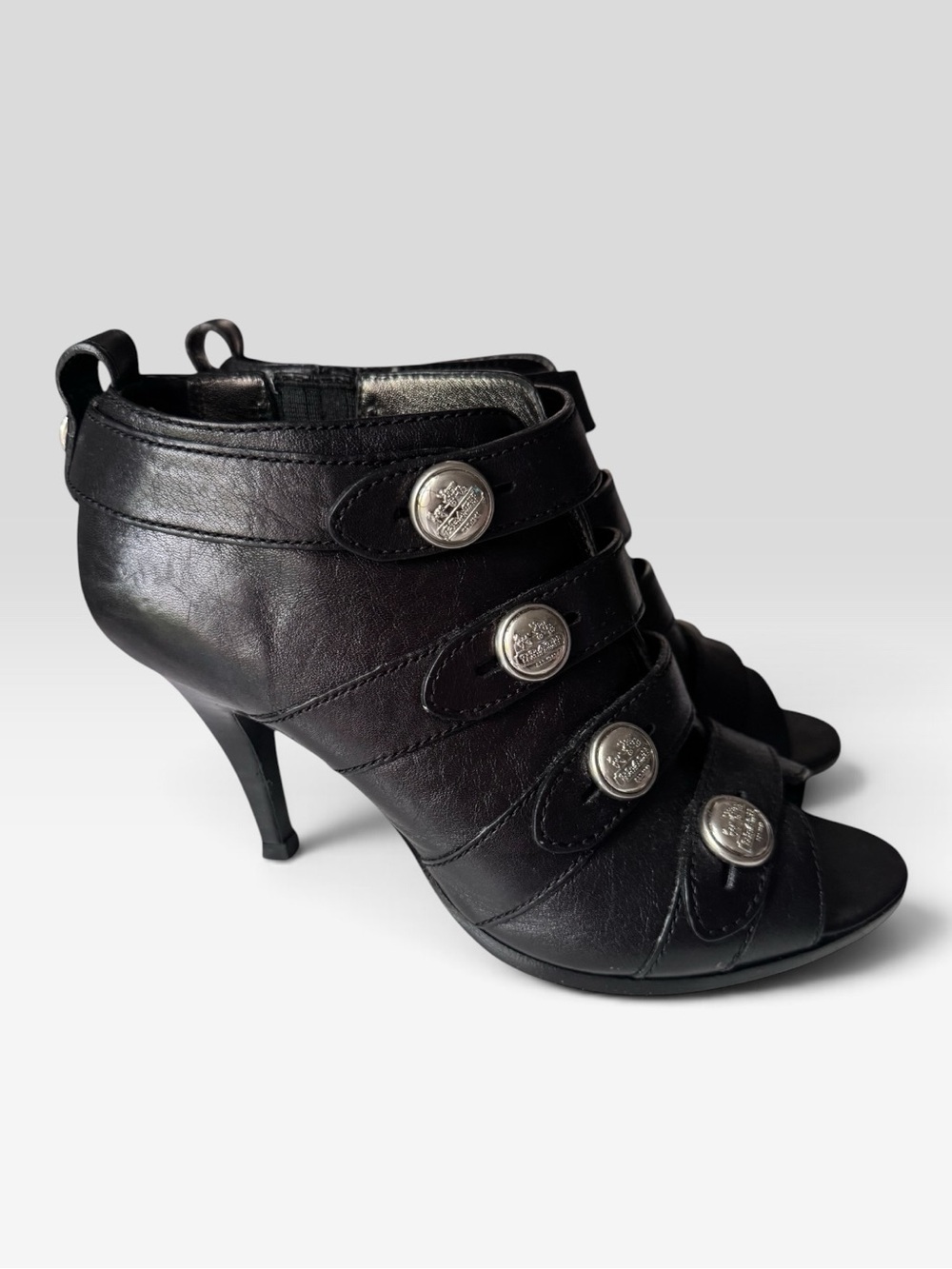 Coach Black Leather Open-toe Booties with Decorative Buttons